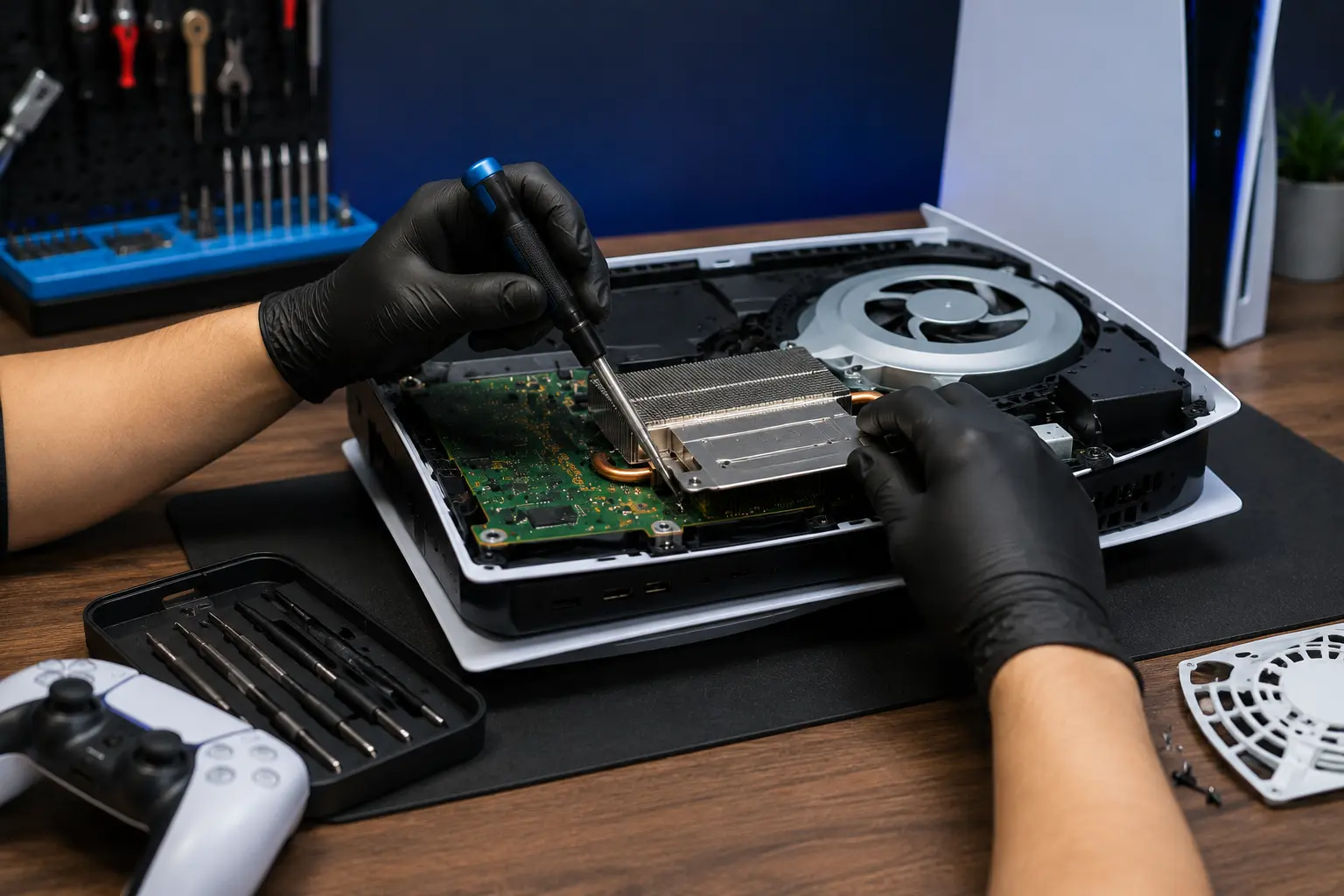 Technician repairing an open PlayStation 5 console on a professional Edmonton repair bench